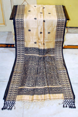 Premium Quality Tussar Silk Woven Warli Nakshi Work Saree in Beige and Black