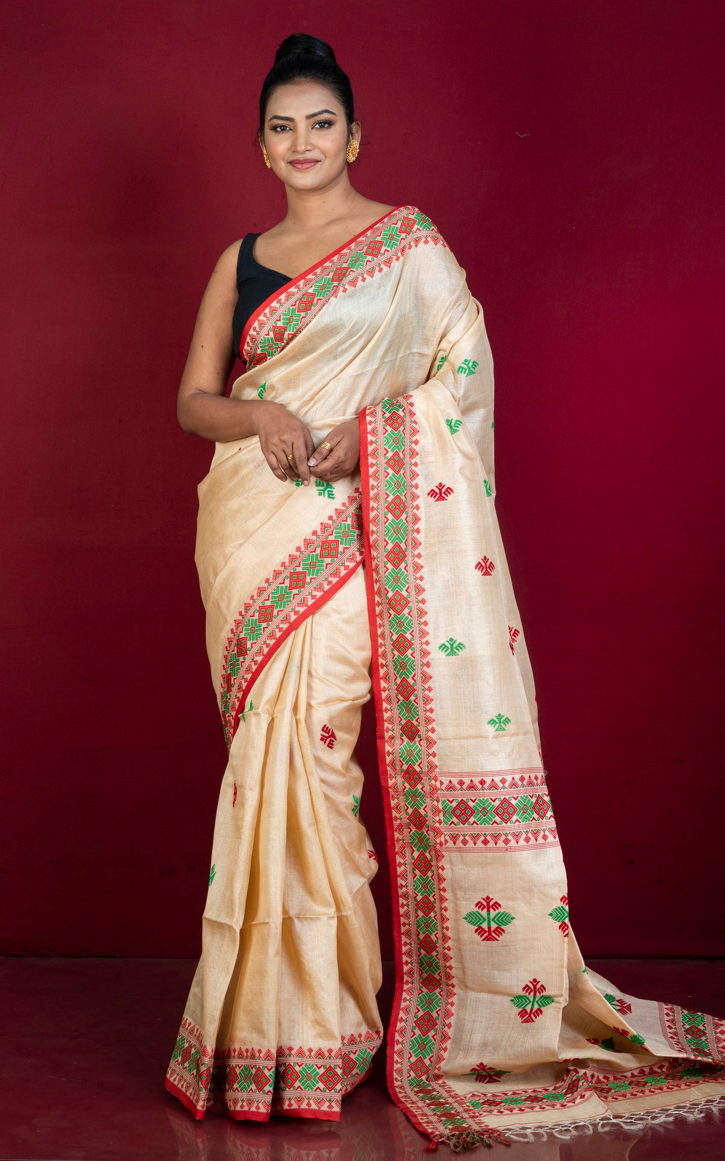 Premium Quality Assamese Nakshi Motif Inspired Handwoven Work on Tussar Silk Saree in Hot Beige, Red and Green