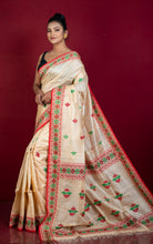 Premium Quality Assamese Nakshi Motif Inspired Handwoven Work on Tussar Silk Saree in Hot Beige, Red and Green