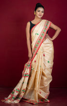 Premium Quality Assamese Nakshi Motif Inspired Handwoven Work on Tussar Silk Saree in Hot Beige, Red and Green