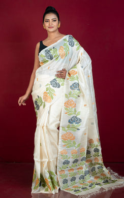 Premium Quality Tussar Silk Handwoven Karat Work Saree in Off White, Black, Olive Green and Golden Beige (Copy)