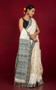 Premium Quality Tussar Silk Nakshi Work Saree in Off White and Black