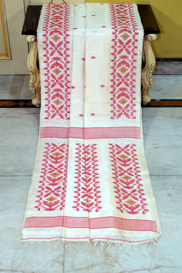 Premium Quality Tussar Silk Handwoven Karat Work Saree in Off White, Red and Brown