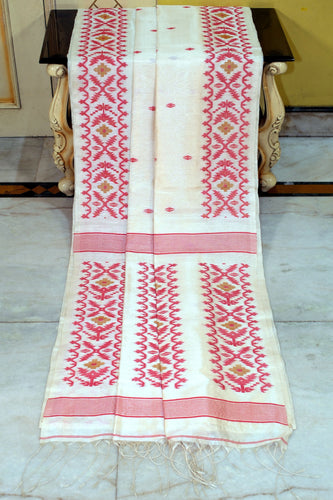 Premium Quality Tussar Silk Handwoven Karat Work Saree in Off White, Red and Brown