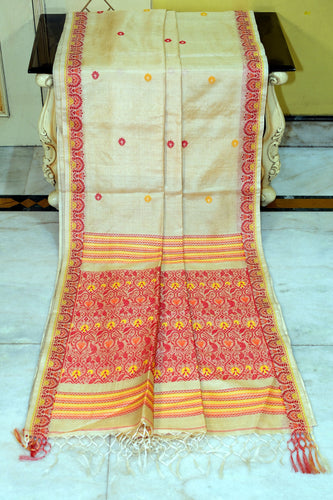 Premium Quality Tussar Silk Nakshi Work Saree in Beige, Red, Orange and Yellow