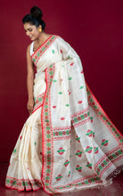 Premium Quality Assamese Nakshi Motif Inspired Handwoven Work on Tussar Silk Saree in Off, Red and Green