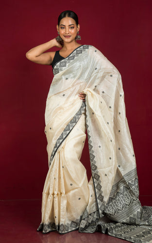 Premium Quality Tussar Silk Nakshi Work Saree in Off White and Black