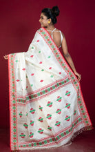 Premium Quality Assamese Nakshi Motif Inspired Handwoven Work on Tussar Silk Saree in Off, Red and Green