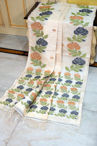 Premium Quality Tussar Silk Handwoven Karat Work Saree in Off White, Black, Olive Green and Golden Beige