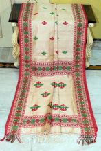 Premium Quality Asamese Nakshi Motif Inspired Handwoven Work on Tussar Silk Saree in Hot Beige, Red and Green