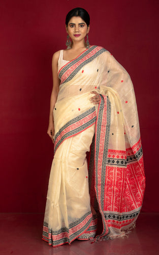 Premium Quality Tussar Silk Bomkai Saree in Beige, Red and Black with Nakshi Woven Thread Work