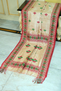 Premium Quality Asamese Nakshi Motif Inspired Handwoven Work on Tussar Silk Saree in Hot Beige, Red and Green