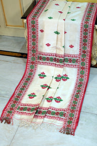 Premium Quality Asamese Nakshi Motif Inspired Handwoven Work on Tussar Silk Saree in Off, Red and Green