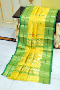 Traditional Bengal Tussar Banarasi Silk Saree in Yellow and Green