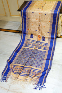 Premium Quality Tussar Silk Nakshi Work Velvet Silk Border Saree in Honey Beige, Royal Blue and Mustard Golden