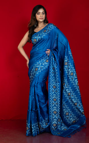 Premium Quality Tussar Silk Handwoven Karat Work Saree in Denim Blue, Beige and Bronze