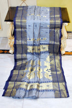 Traditional Bengal Tussar Banarasi Silk Saree in Steel Grey and Navy Blue