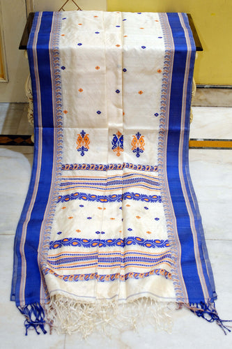 Premium Quality Tussar Silk Nakshi Work Velvet Silk Border Saree in Off White, Royal Blue and Mustard Golden