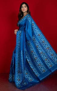 Premium Quality Tussar Silk Handwoven Karat Work Saree in Denim Blue, Beige and Bronze