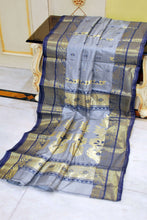 Traditional Bengal Tussar Banarasi Silk Saree in Steel Grey and Navy Blue