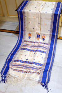 Premium Quality Tussar Silk Nakshi Work Velvet Silk Border Saree in Off White, Royal Blue and Mustard Golden