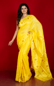 Premium Quality Tussar Silk Handwoven Karat Work Saree in Bright Yellow, Brown and Off White
