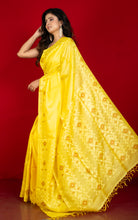 Premium Quality Tussar Silk Handwoven Karat Work Saree in Bright Yellow, Brown and Off White