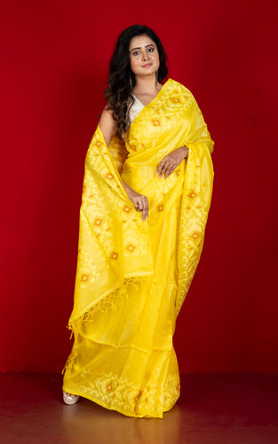 Premium Quality Tussar Silk Handwoven Karat Work Saree in Bright Yellow, Brown and Off White