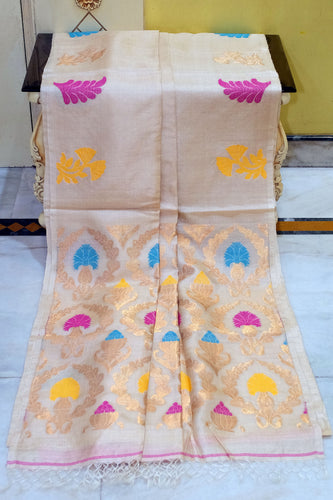 Premium Quality Tussar Valkalam Silk with Minakari Rich Pallu in Warm Beige, Multicolored and Natural Golden