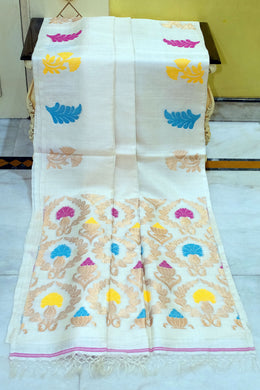 Premium Quality Tussar Valkalam Silk with Minakari Rich Pallu in Off White, Multicolored and Natural Golden