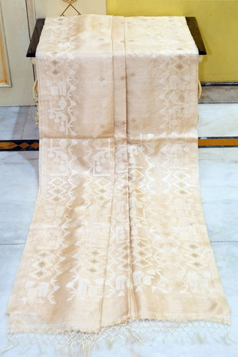 Premium Quality Tussar Silk Needle Karat Nakshi Work Saree in Beige, Off White and Matt Golden