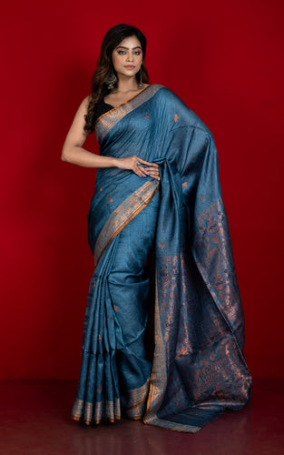 Premium Quality Tussar Baluchari Silk Saree in Dark Grey Blue and Antique Golden