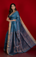 Premium Quality Tussar Baluchari Silk Saree in Dark Grey Blue and Antique Golden