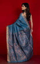 Premium Quality Tussar Baluchari Silk Saree in Dark Grey Blue and Antique Golden