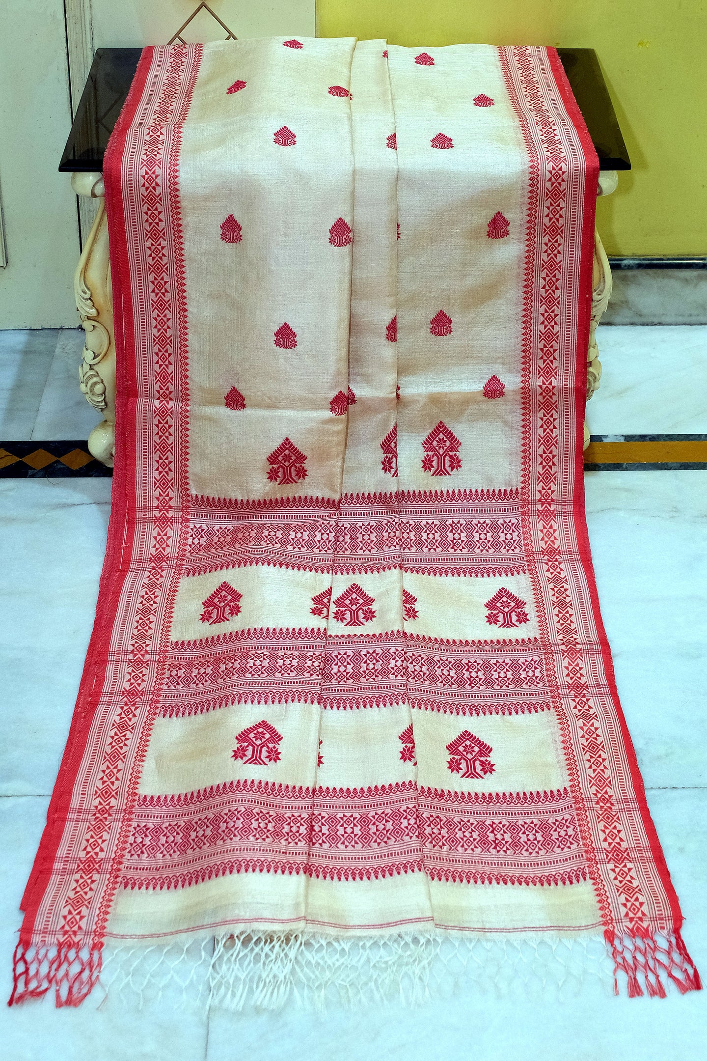Premium Quality Assamese Nakshi Motif Inspired Handwoven Work on Tussar Silk Saree in Beige and Red