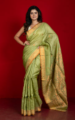 Premium Quality Tussar Baluchari Silk Saree in Wild Willow, Dark Brown and Antique Golden