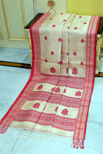 Premium Quality Assamese Nakshi Motif Inspired Handwoven Work on Tussar Silk Saree in Beige and Red