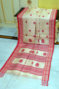 Premium Quality Assamese Nakshi Motif Inspired Handwoven Work on Tussar Silk Saree in Beige and Red