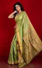 Premium Quality Tussar Baluchari Silk Saree in Wild Willow, Dark Brown and Antique Golden