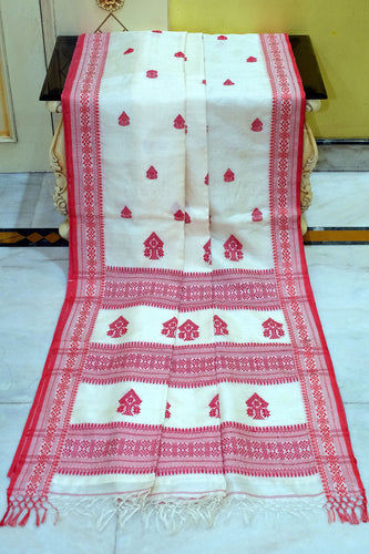 Premium Quality Assamese Nakshi Motif Inspired Handwoven Work on Tussar Silk Saree in Off White and Red