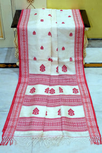 Premium Quality Assamese Nakshi Motif Inspired Handwoven Work on Tussar Silk Saree in Off White and Red