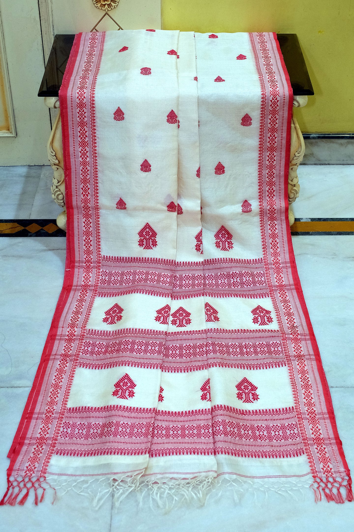 Premium Quality Assamese Nakshi Motif Inspired Handwoven Work on Tussar Silk Saree in Off White and Red