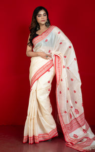 Premium Quality Assamese Nakshi Motif Inspired Handwoven Work on Tussar Silk Saree in Off White and Red