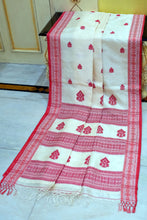 Premium Quality Assamese Nakshi Motif Inspired Handwoven Work on Tussar Silk Saree in Off White and Red