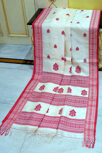 Premium Quality Assamese Nakshi Motif Inspired Handwoven Work on Tussar Silk Saree in Off White and Red