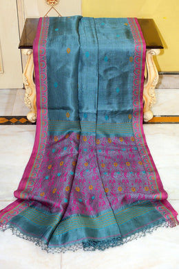Premium Quality Tussar Silk Nakshi Work Saree in Bluemine, Magenta, Mustard and Cerulean Blue