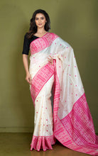 Premium Quality Assamese Nakshi Motif Inspired Handwoven Work on Tussar Silk Saree in Floral White and Hot Pink
