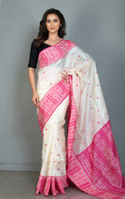 Premium Quality Assamese Nakshi Motif Inspired Handwoven Work on Tussar Silk Saree in Floral White and Hot Pink