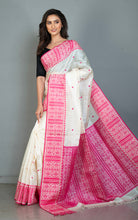 Premium Quality Assamese Nakshi Motif Inspired Handwoven Work on Tussar Silk Saree in Floral White and Hot Pink