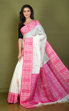 Premium Quality Assamese Nakshi Motif Inspired Handwoven Work on Tussar Silk Saree in Floral White and Hot Pink